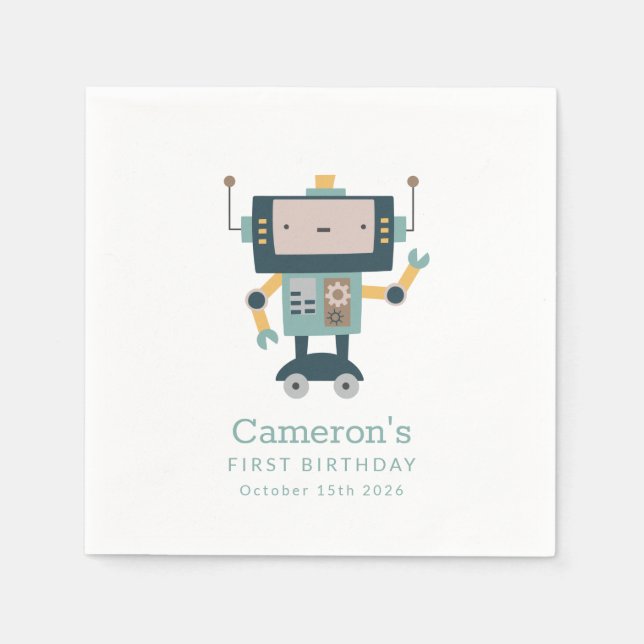 Teal Blue Robot Gears Simple 1st Birthday Napkin (Front)