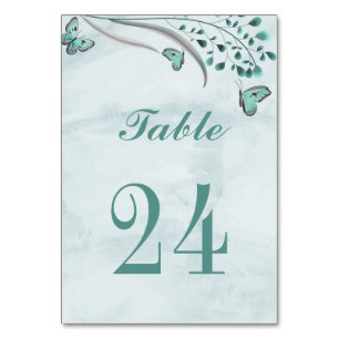 teal blue romantic butterflies leaves botanical table number