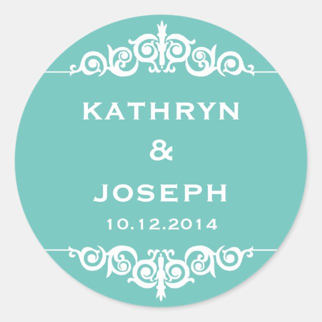 Teal blue romantic elegant scroll wedding favour classic round sticker (Front)