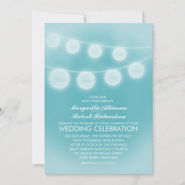 teal blue romantic lanterns wedding invitation (Front)