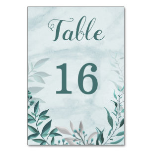 teal blue romantic leaves botanical table number