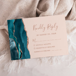 Teal Blue Rose Gold Agate Blush Pink Wedding RSVP Card