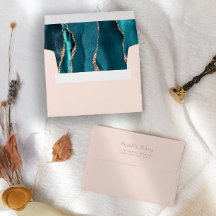 Teal Blue Rose Gold Agate Blush Wedding Envelope