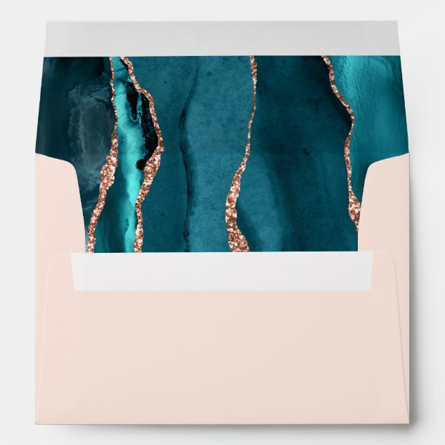 Teal Blue Rose Gold Agate Blush Wedding Envelope (Back (Bottom))
