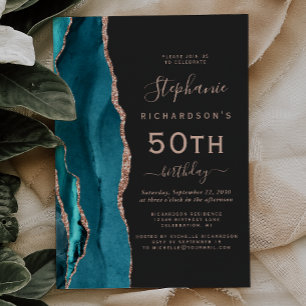 Teal Blue Rose Gold Agate Dark 50th Birthday Invitation