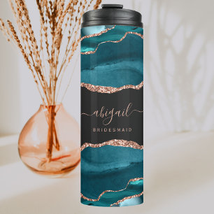 Teal Blue Rose Gold Agate Dark Bridesmaid Wedding Thermal Tumbler
