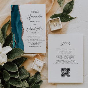 Teal Blue Rose Gold Agate QR Code Wedding Invitation