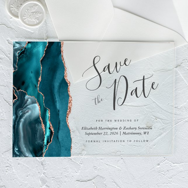 Teal Blue Rose Gold Agate Save the Date Card Acrylic Invitations (Creator Uploaded)