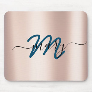 Teal. Blue Rose Minimal Name Monogram. Lux Mouse Mat