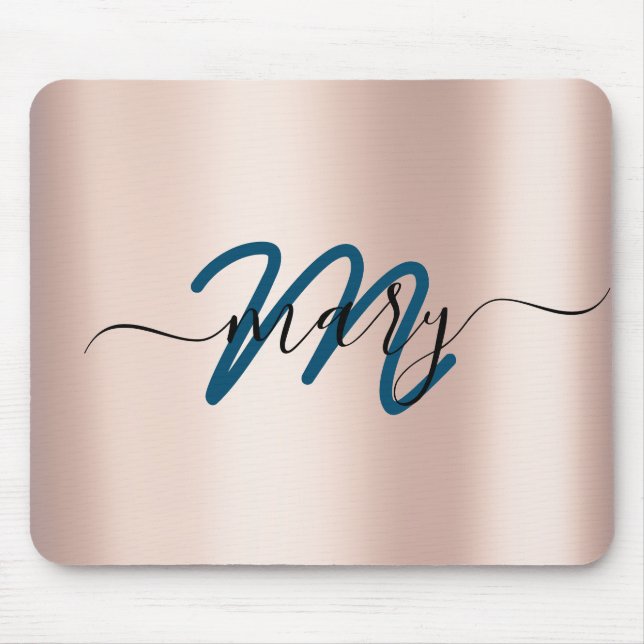 Teal. Blue Rose Minimal Name Monogram. Lux Mouse Mat (Front)