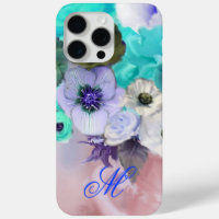 TEAL BLUE ROSES AND WHITE ANEMONE FLOWERS MONOGRAM