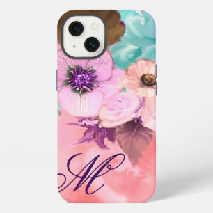 TEAL BLUE ROSES, PINK ANEMONE FLOWERS MONOGRAM iPhone 13 CASE