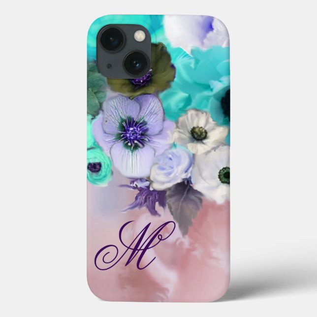 TEAL BLUE ROSES,WHITE ANEMONE FLOWERS MONOGRAM Case-Mate iPhone CASE (Back)