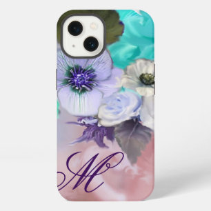 TEAL BLUE ROSES,WHITE ANEMONE FLOWERS MONOGRAM iPhone 13 CASE