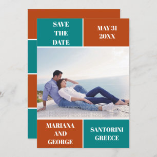 Teal blue, rust colour block wedding Save the Date