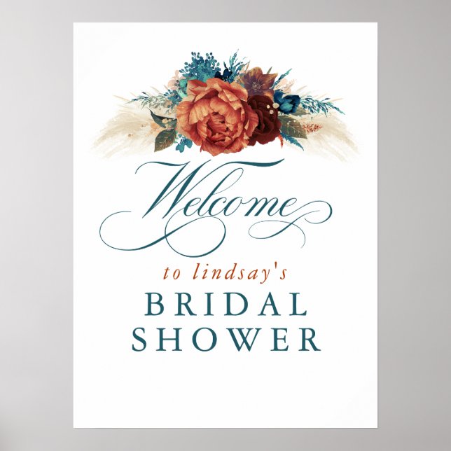 Teal Blue Rust Terracotta Bridal Shower Welcome Poster (Front)