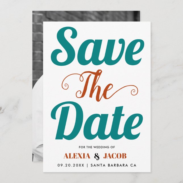 Teal blue, rust typography and photo on the back save the date (Front/Back)