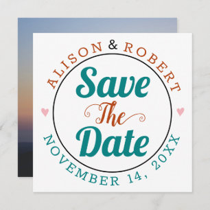 Teal blue, rust typography photo on the back save the date