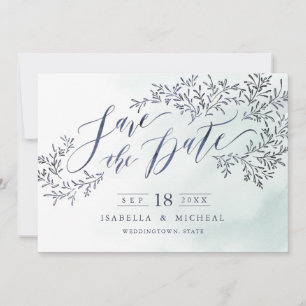 Teal blue rustic floral calligraphy save the date