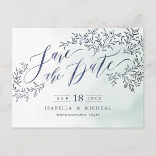 Teal blue rustic floral calligraphy save the date announcement postcard