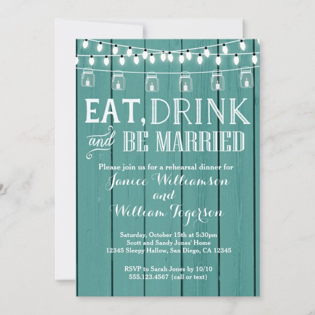 Teal Blue Rustic Wood Rehearsal Dinner Invitation (Front)