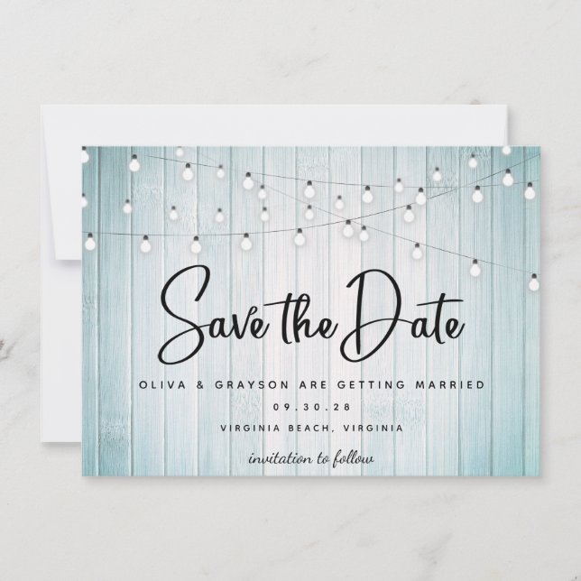 Teal Blue Rustic Wood String Lights Photo  Save The Date (Front)