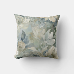 Teal Blue Sage Green Beige Watercolor Floral 16" Cushion
