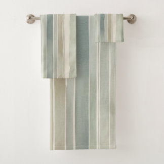 Teal Blue Sage Green Cream Distressed Stripe Bath Towel Set
