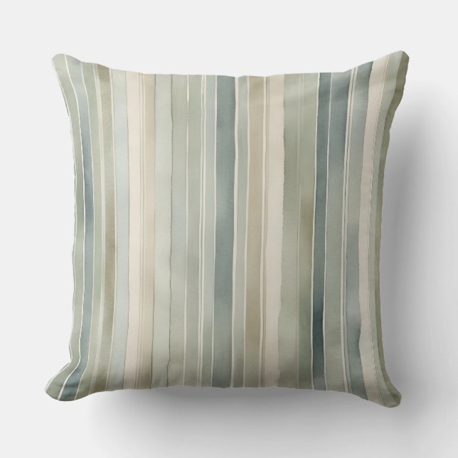 Teal Blue Sage Green Cream Distressed Stripe Cushion (Front)