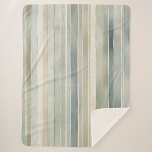 Teal Blue Sage Green Cream Distressed Stripe Large Sherpa Blanket