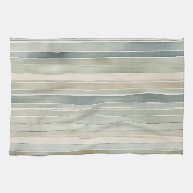 Teal Blue Sage Green Cream Distressed Stripe Tea Towel (Horizontal)