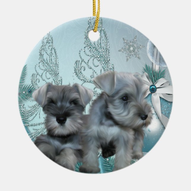 Teal Blue Schnauzer Puppies Christmas Ornament (Front)