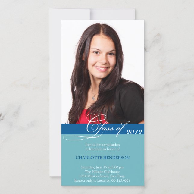 Teal blue script class of graduation announcement (Front)