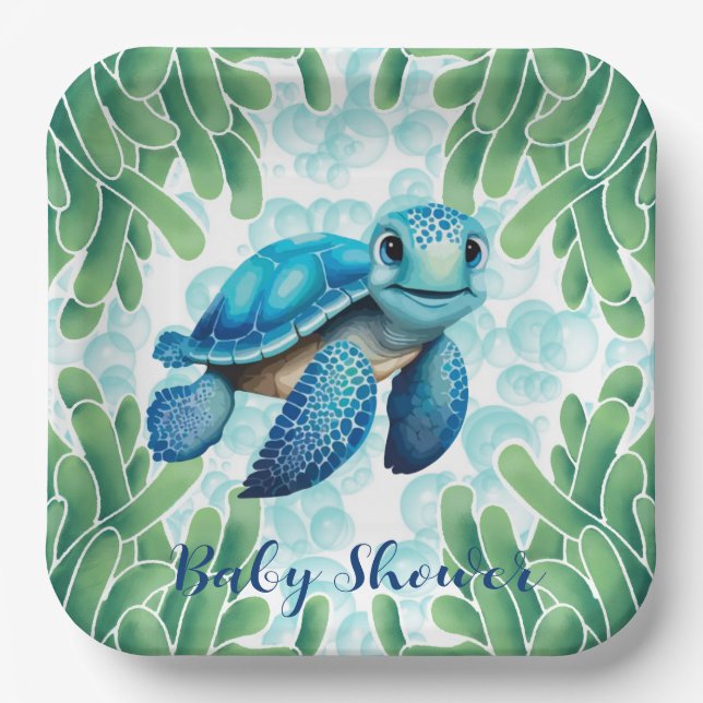 Teal Blue Sea Turtle Boy Baby Shower Paper Plate (Front)