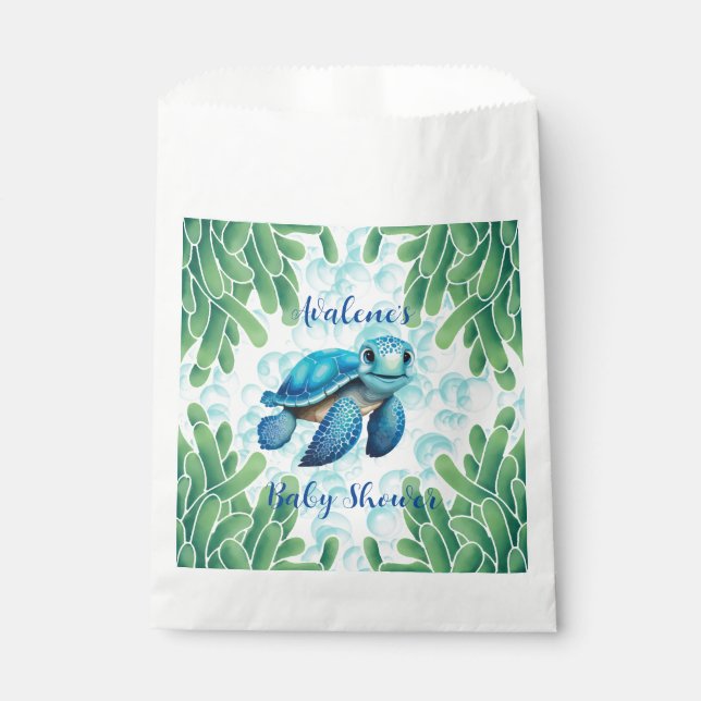 Teal Blue Sea Turtle Seaweed Boy Baby Shower Favou Favour Bags (Front)