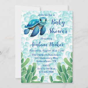 Teal Blue Sea Turtle Seaweed Boy Baby Shower Invitation