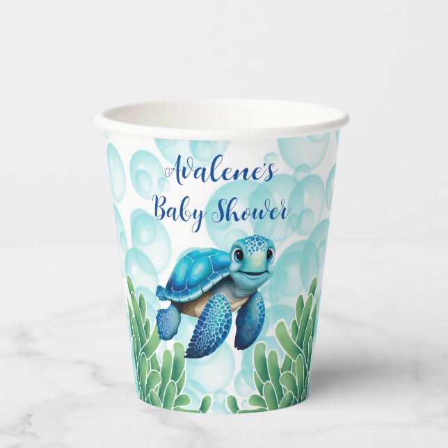 Teal Blue Sea Turtle Seaweed Boy Baby Shower Paper Cups (Front)