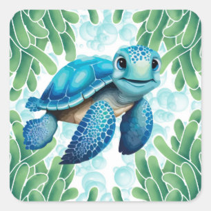Teal Blue Sea Turtle Seaweed Boy Baby Shower Square Sticker