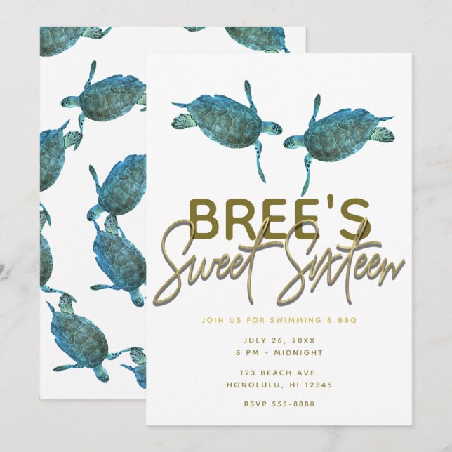 Teal Blue Sea Turtles Beach Gold Sweet 16 Party  Invitation (Front/Back)
