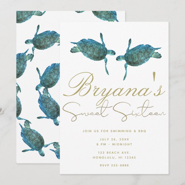 Teal Blue Sea Turtles Beach Gold Sweet 16 Party Invitation (Front/Back)