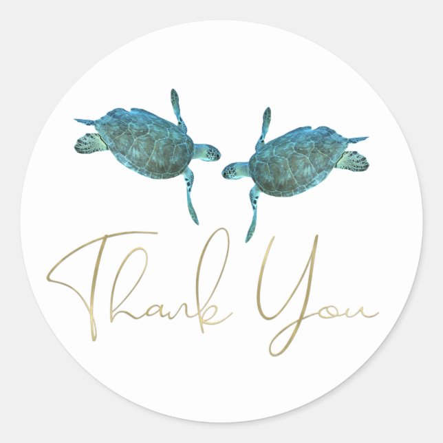 Teal Blue Sea Turtles Elegant Gold Beach Wedding Classic Round Sticker (Front)