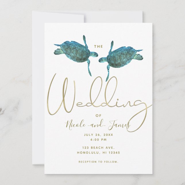 Teal Blue Sea Turtles Elegant Gold Beach Wedding Invitation (Front)