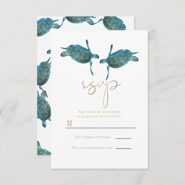 Teal Blue Sea Turtles Gold Beach Wedding RSVP Invitation (Front/Back)