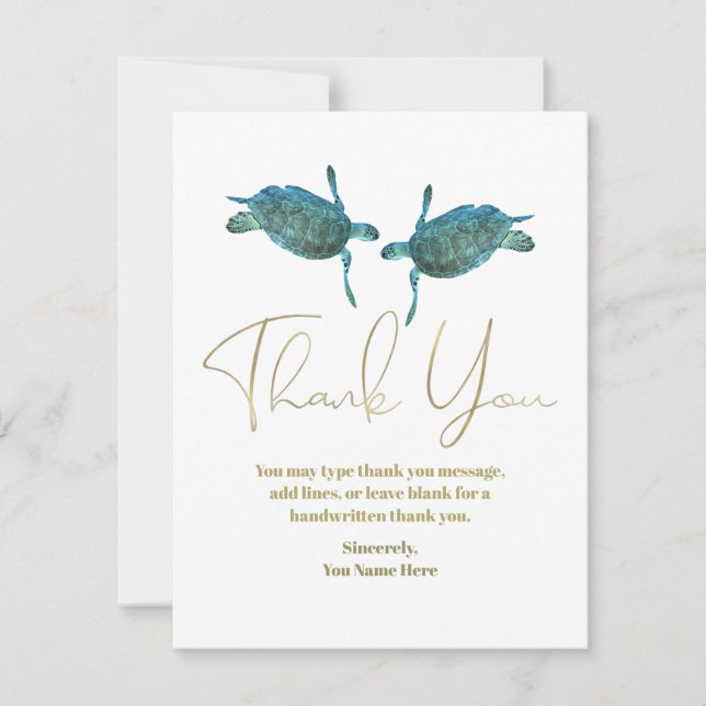Teal Blue Sea Turtles Gold Beach Wedding Thank You Invitation (Front)
