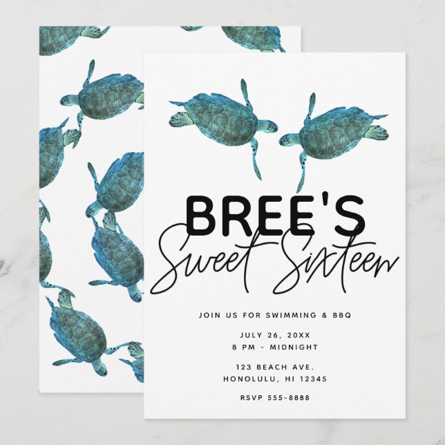 Teal Blue Sea Turtles Ocean Beach Sweet 16 Party I Invitation (Front/Back)