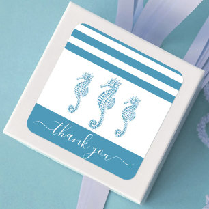 Teal blue seahorse beach thank you script vintage square sticker