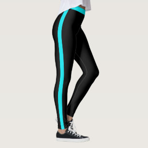 Teal Blue Side Stripe Black Leggings