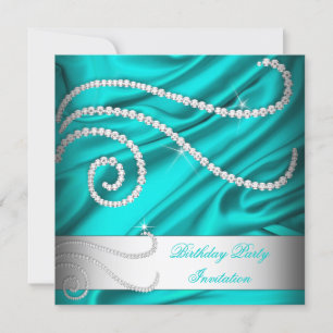 Teal Blue Silk White Diamonds Birthday Party Invitation