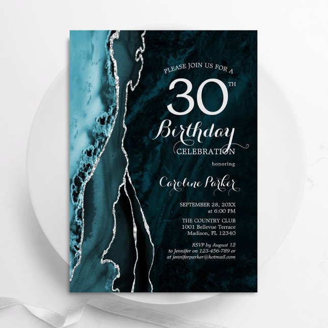Teal Blue Silver Agate 30th Birthday Invitation (Creator Uploaded)