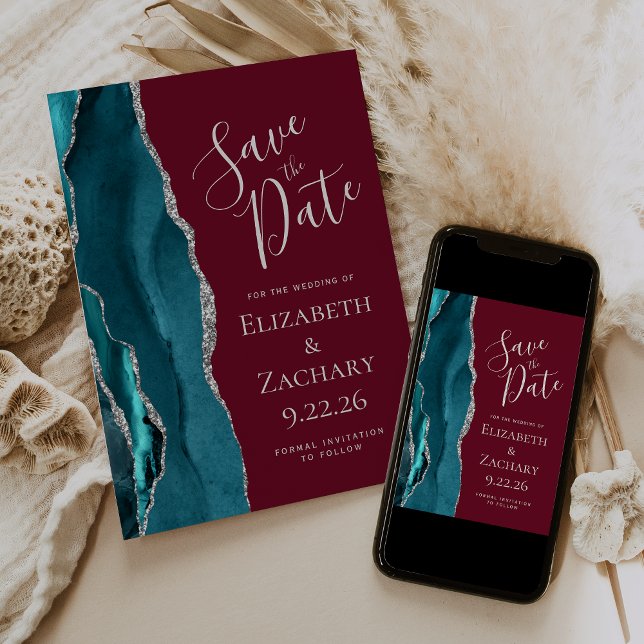 Teal Blue Silver Agate Burgundy Save the Date Card (Creator Uploaded)